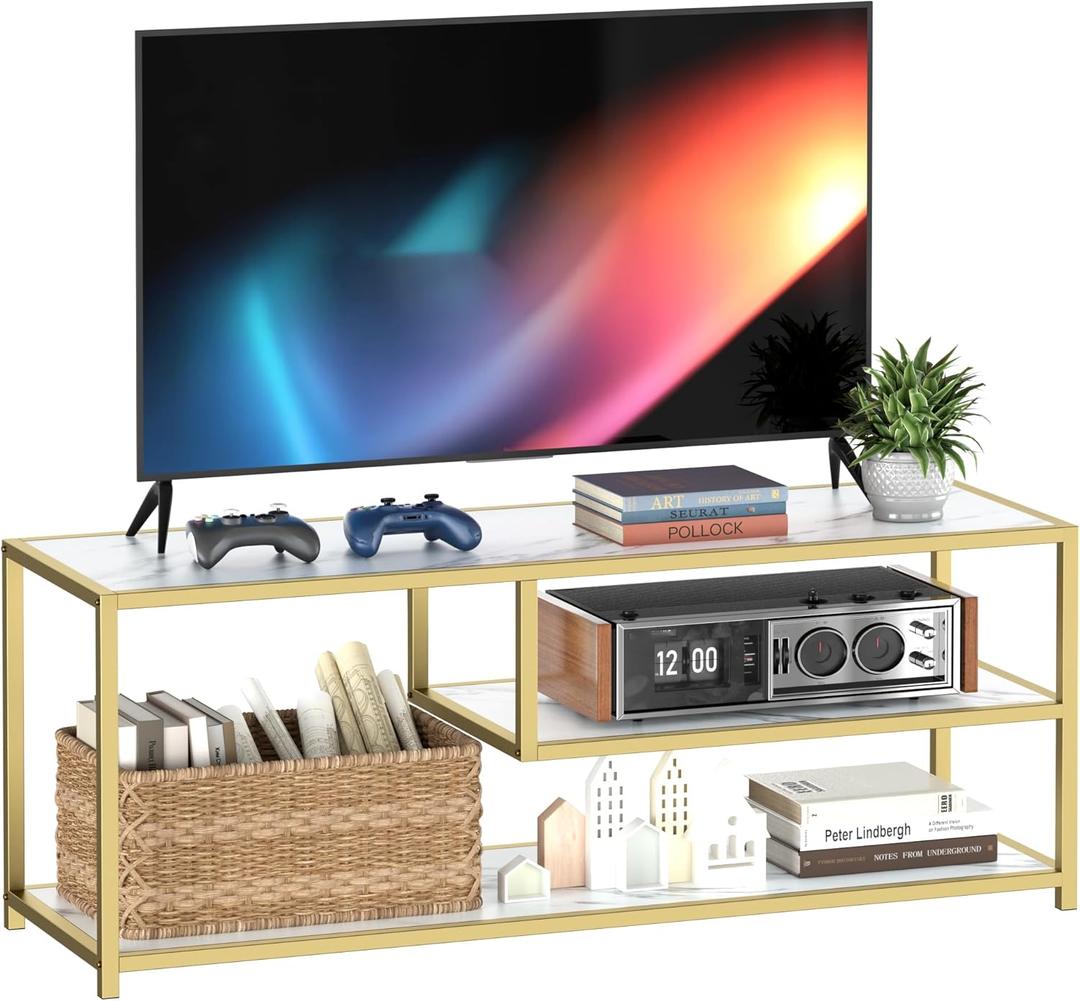 Function Home TV Stand for TVs up to 55 Inch, 3 Tier Entertainment Center, Media Console with Open Storage Shelves for Living Room Bedroom, 47 Modern TV Table with Faux Marble Top Gold Metal Leg