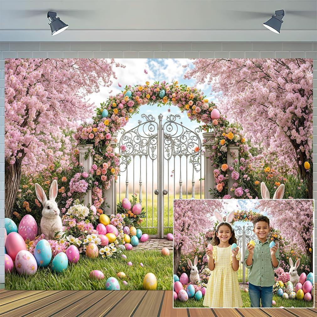 10x8 ft Spring Easter Backdrop Floral Garden Arch Rabbit Colorful Eggs Outdoor Forest Background Easter Kids Newborn Party Decoration Festival Photo Banner Booth