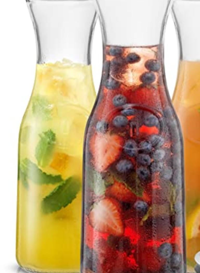 JoyJolt Glass Carafe with Lid, Set of 2  – 1 Liter Glass Pitcher for Mimosa Bar, Water, Ice d Tea, Juice, Wine, Lemonade, Milk – Dishwasher Safe Beverage Drink Dispensers for Brunch, Parties