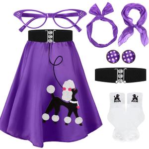 Women Sock Hop Costume 1950s Poodle Skirt Costume Outfit Skirt Scarf Belt Sock Eyeglass (X-Large, Purple)