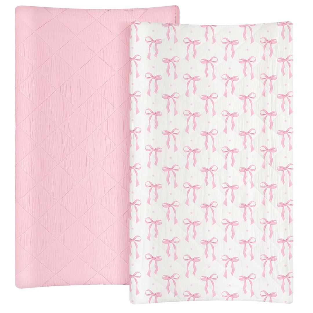 Frienda 2 Pack Pink Changing Pad Covers Waterproof Pink Bow Muslin Changing Pad Covers 32 x 16 Inch Coquette Quilted Cotton Fitted Diaper Sheet Breathable Extra Thick Sheets for Girls