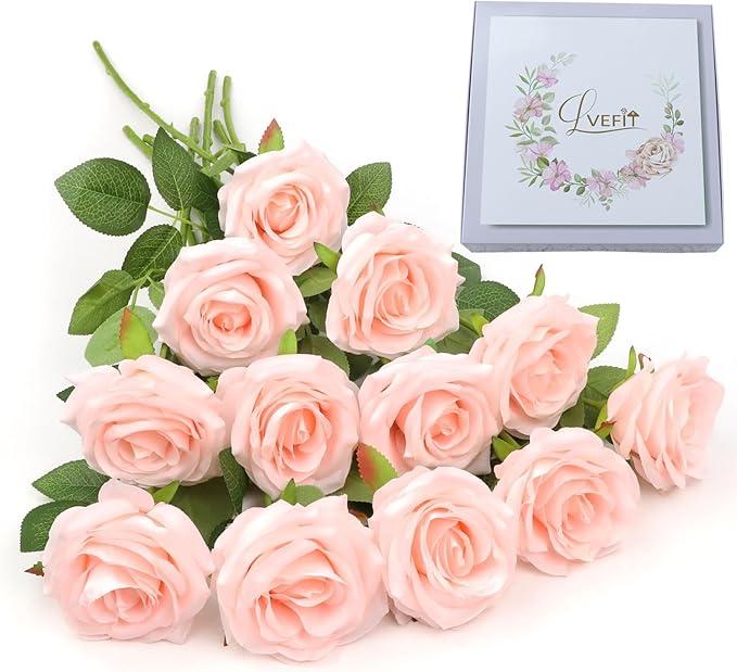 Artificial Rose Flower Blush Flowers Pink Roses Silk Flowers 12 pcs with Long Stem Silk Roses Bouquet for Wedding Bridal Shower Party Home Decoration