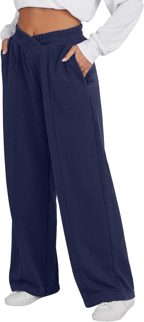 ANRABESS Women Asymmetric High Waist Wide Straight Leg Sweatpants with Pockets 2024 Fall Trendy Sweat Jogger Pants (Large, Navy Blue)