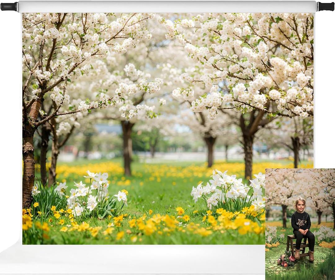 Kate Spring Backdrop White Sakura Green Grass Natural Scenery Forest Trees Season Holiday Photography Props, 10x8ft