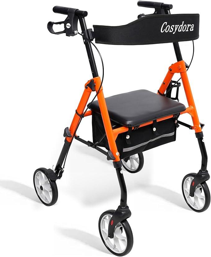 Cosydora R402 Rollator Walkers for Seniors with Seat, 13.6 lbs Lightweight Foldable Rolling Walker, 8" Big Wheels All Terrain, 350 lb. Weight Capacity, Adjustable Handle and Seat Height, Light Orange