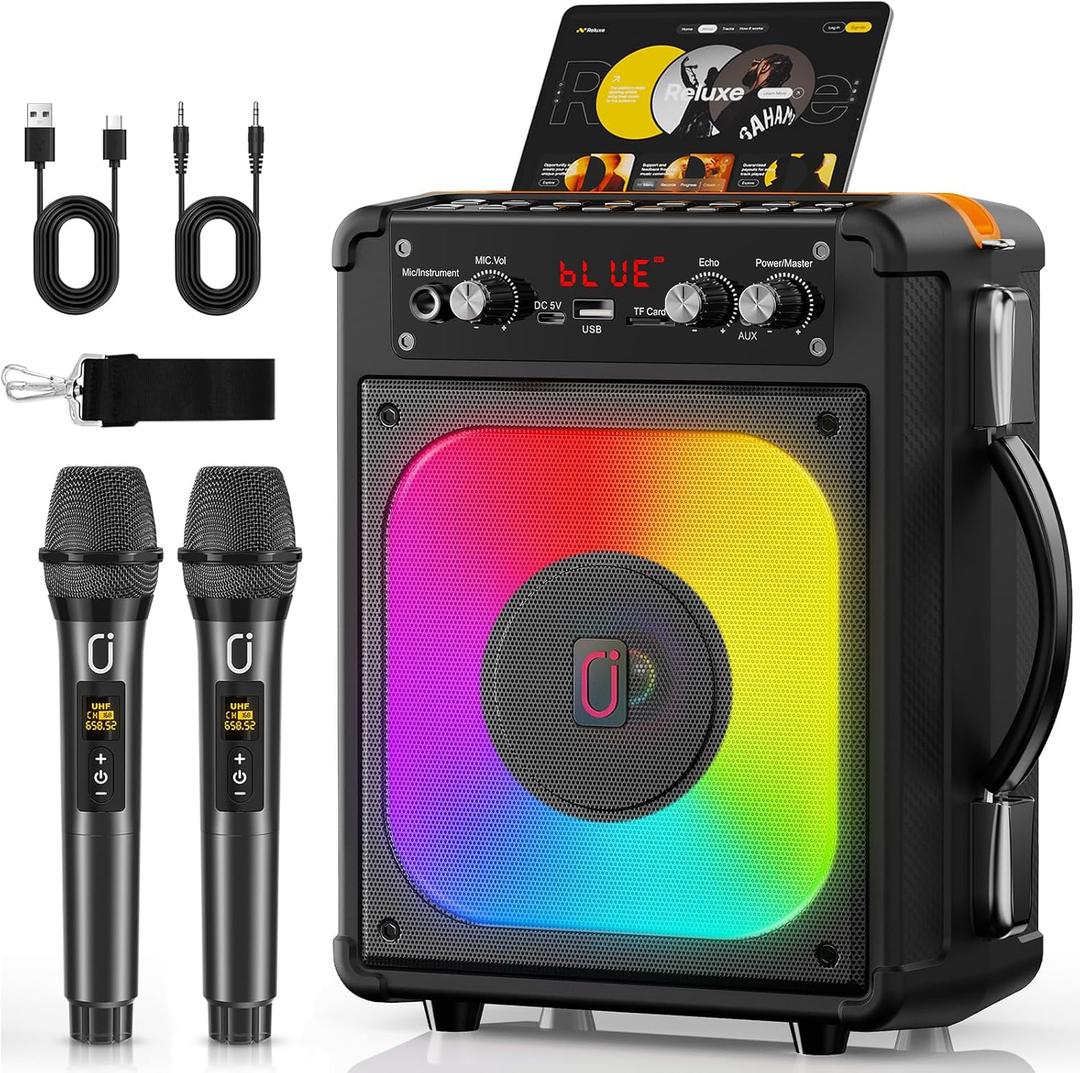 HWWR Karaoke Machine, Portable Bluetooth 5.3 Speaker with 2 Wireless 0 Delay Microphones, PA System with Echo Adjustment, Supports TWS/TF Card/USB/AUX/TV for Home Party, Backyard BBQ Studio Subwoofers (Black)