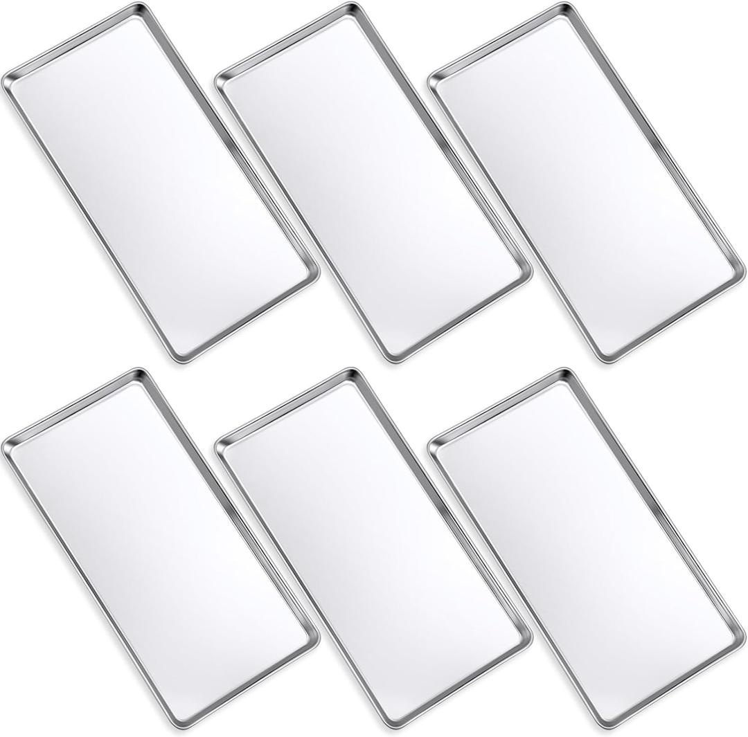 6 Pcs Baking Stainless Steel Cookie Sheet Small Metal Sheet Pans Professional Rectangle Oven Trays Kitchen Baking Cooking Oven and Toaster, Dishwasher Safe(13.58 x 8.46 Inches)