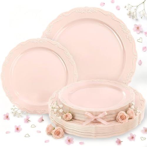 Tinybee 60PCS Pink Plastic Plates - Heavy Duty Pink Disposable Plates, Elegant Plastic Plates for Mothers Day, Bridal Shower and Party Including 30 Dinner Plates 10 '' & 30 Dessert Plates 7.5 ''