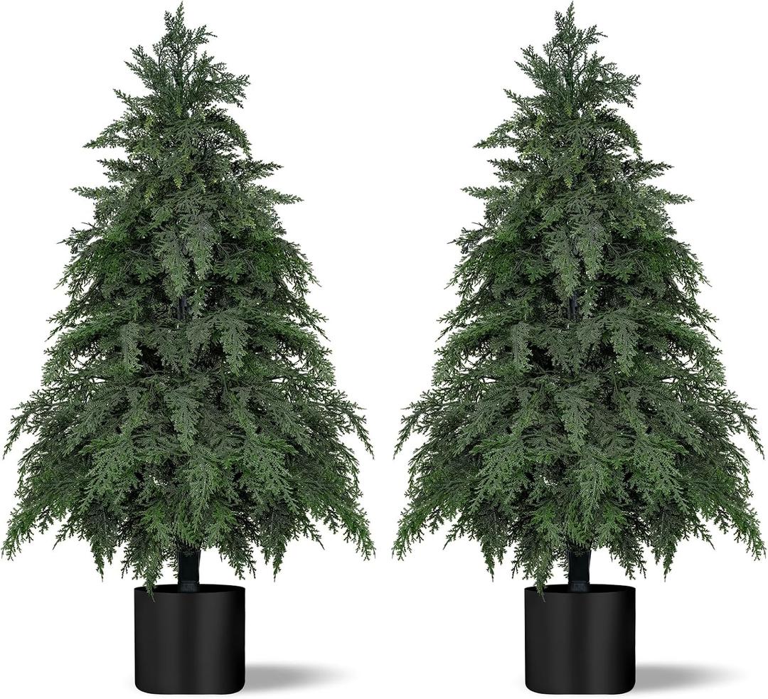 Yangrass 2Pack Artificial Topiary Trees, 3FT Faux Cypress, Faux Evergreen Pine Shrubs Plants with Pot, Potted Plants for Front Porch Indoor Outdoor Garden Christmas Decor