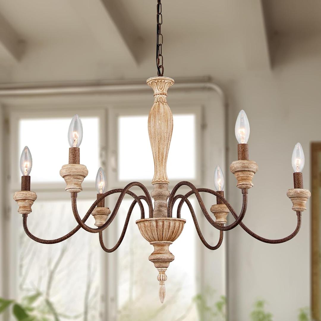 French Country Chandelier, Farmhouse 6-Lights Vintage Rustic Candle Style Chandelier Light Fixture, Retro Handmade Distressed Wood Chandelier for Dining Room, Living Room, Bedroom, E12