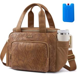 LOVEVOOK Insulated Lunch Bag for Women, PU leather Lunch Box with Shoulder Strap, Wide Opening Adult Large Lunch bags for Work Picnic Beach Family Camping Outdoor Teacher