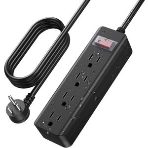 CCCEI Outdoor Waterproof 10 FT Flat Plug Extension Cord Power Strip,1500J Surge Protector Weatherproof Indoor Exterior Multiple Outlet, 10 Foot Extra Long, 3 Prong, 4 Outlets, Black. (Black, 10FT)