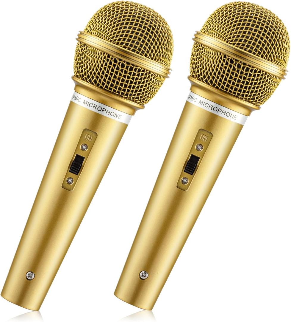 Facmogu 2PCS Fake Microphone Prop, Plastic Pretend Play Microphone for Karaoke Costume, Mic Props for Birthday Party, Halloween, Christmas, Cosplay Music Favors - Gold