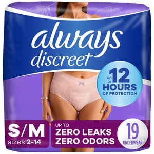 Always Discreet Adult Incontinence Underwear for Women and Postpartum Underwear, Small/Medium, Up to 100% Bladder Leak Protection, 19 Count