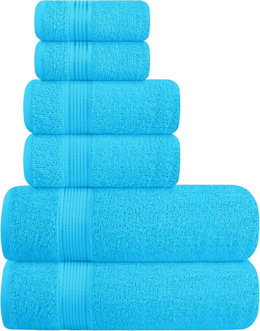 Elvana Home Ultra Soft 6 Pack Cotton Towel Set, Contains 2 Bath Towels 28x55 inch, 2 Hand Towels 16x24 inch & 2 Wash Coths 12x12 inch, Ideal for Everyday use, Compact & Lightweight - Turquoise Blue
