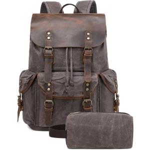 Genuine Leather Backpack for Men, Waxed Canvas Backpack Shoulder Rucksack with Toiletry Vintage Backpack for Travel,Camping, Hiking(Grey)