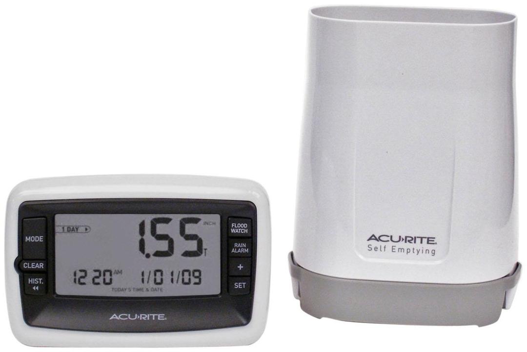 AcuRite Wireless Digital Rain Gauge with Self-Emptying Collector with Rainfall History, Alerts, and Current Date and Time (00899), Multicolor (Horizontal Display)