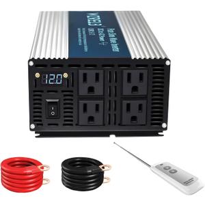 WZRELB 1800W Pure Sine Wave Inverter 12V DC to 110V 120V AC Power Converter with LED Display, Remote Controller, Off-Grid Power Inverter 3600W Surge with 4 AC Outlets,for Home, RV, Truck, Camping