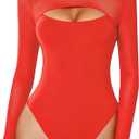 Avidlove Bodysuits for Women Round Neck Shapewear Bodysuit Long Sleeve Bodysuit Sexy Mesh Top Double Lined Cutout Shirt (X-Large, Red)