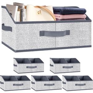 Closet Storage Bins 6 Pack, Large Closet Organizer Baskets with Divider & Handles,Trapezoid Fabric Shelf Organizers, Collapsible Storage Cubes for Clothes, Towels, Toys-Gray
