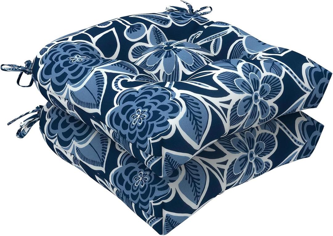 LVTXIII Outdoor Wicker Chair Cushions, 19"x19"x4" Patio Chair Cushions with Ties, Water Repellent Thick Tufted Seat Cushions for Patio Furniture, Set of 2, Flower Navy