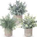 Lemonfilter Small Fake Plants, 3 Mini Potted Artificial Plants Plastic Eucalyptus Faux Rosemary Plants for Home Garden Office Desk Shower Room Farmhouse Decoration (3 green with yellow, 3 Green With Yellow)
