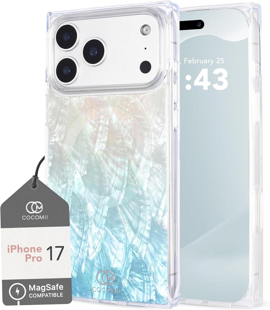 Cocomii Rectangle Case for iPhone 17 Pro, Compatible with MagSafe, Turquoise Real Mother of Pearl