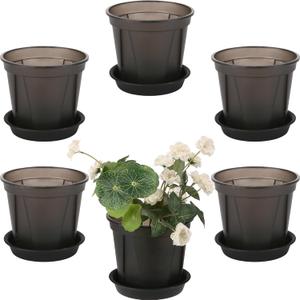 Hinwo 6-Pack Plastic Plant Pots with Drainage Holes and Saucers, 4.7 Inches Small Planters for Succulent, Orchid, General Plants, Flowerpots for Indoor, Outdoor Use, Carbon