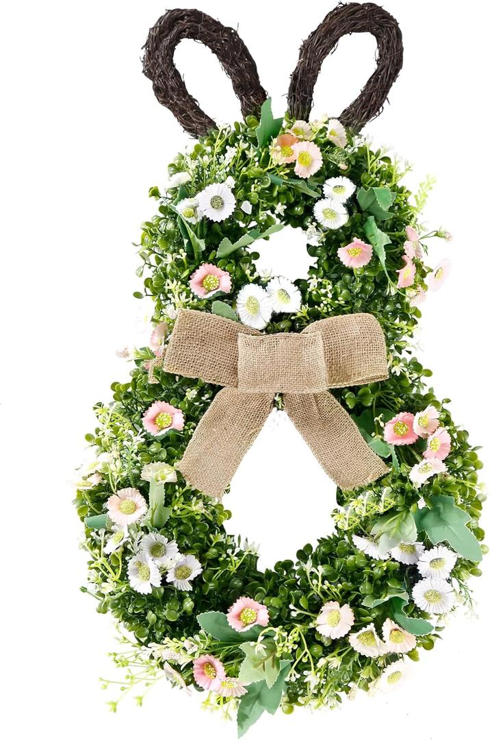 Sggvecsy 24 Inch Easter Bunny Wreath Spring Bunny Shaped Artificial Flower with Greenery Colorful Daisies Bow Knot for Front Door Summer Farmhouse Holiday Wall Home Window Decor