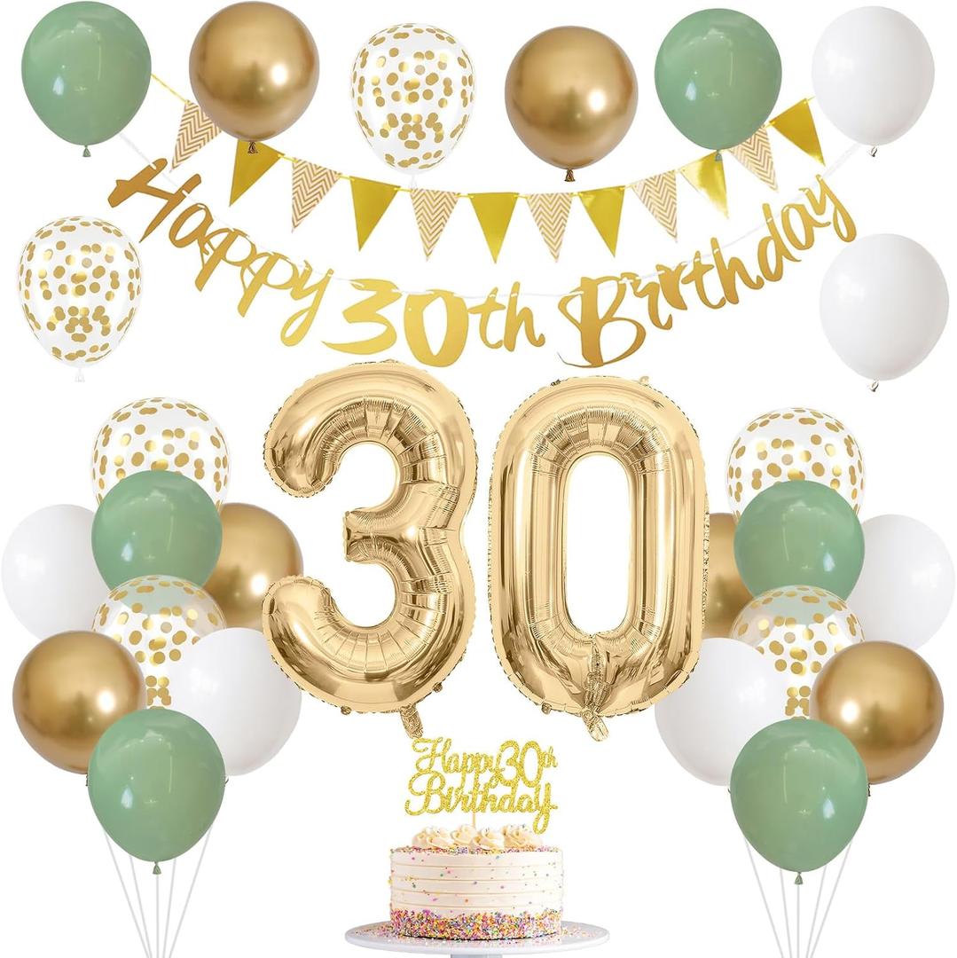 30th Birthday Decorations for Women Men, Happy Banner With Cake Topper Number 30 Foil Balloon, Sage Green White Gold Balloons for 30 Year Old Party Decoration