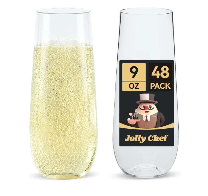 JOLLY CHEF 36 Pack Stemless Plastic Champagne Flutes 9 oz, Crystal Clear Stemless Plastic Toasting Glasses, Clear Disposable Unbreakable Drinkware Ideal for Wedding, Birthday, Party, Thanksgiving