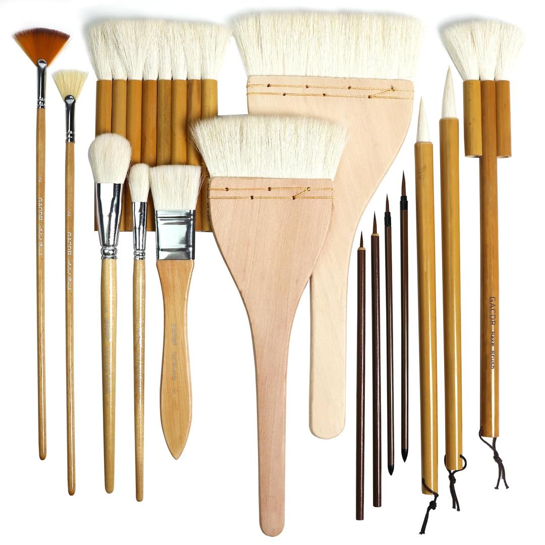 GACDR Pottery Brushes for Glazing, 15 Pcs Ceramic Brush Set With Storage Box, Wool Bamboon Hake for Pottery, Acrylic, Watercolor