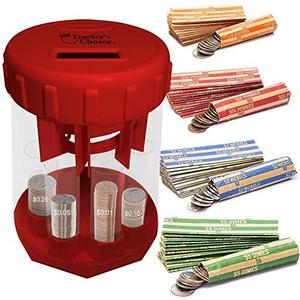 Teacher's Choice Digital Coin Counter Automatic Coin Sorter - 2023 Version - Automatically Sorts U.S. Coins into Individual Tubes and Keeps Digital Count, with 20 Coin Wrappers Included (Red)