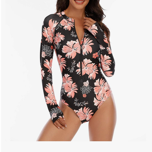 Zando UPF 50+ Long Sleeve Surfing Rash Guard Swimsuit - Womens One Piece Zip Floral Print Sports Bathing Suit for Beach Wear,L