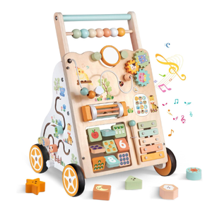 Wooden Baby Walker with Wheels, Push Walker with Baby Activity Center, Montessori Walking Toy for Girls Boys, Ajustable Speed & Height Activity Toy for Toddler Learning to Walk (Natural)