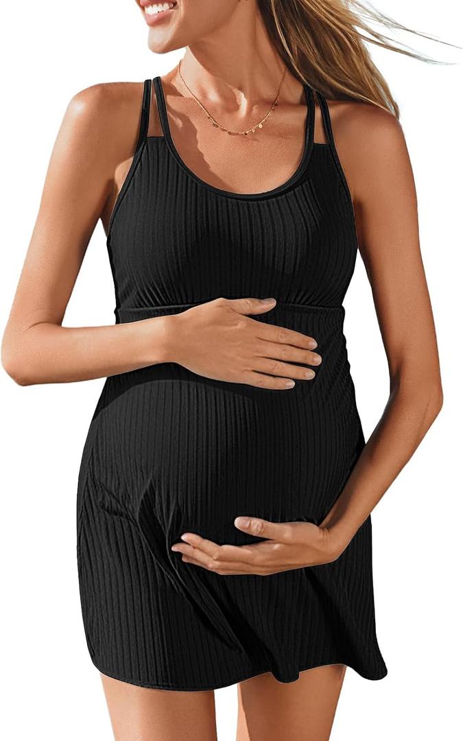 Summer Mae Ribbed Maternity One Piece Swimsuit Dress Wrap Bathing Suit with Built-in Pocket Short Swimwear Tie Knot Skirt Black 12