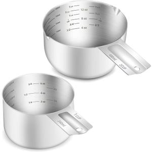 2PCS Stainless Steel Measuring Cup Set, Includes 2Cup(480ml, 16oz) and 1Cup (240ml, 8oz), Etched Inner Scale Measure Scoop, Metric and US Measurement, Dishwasher Safe