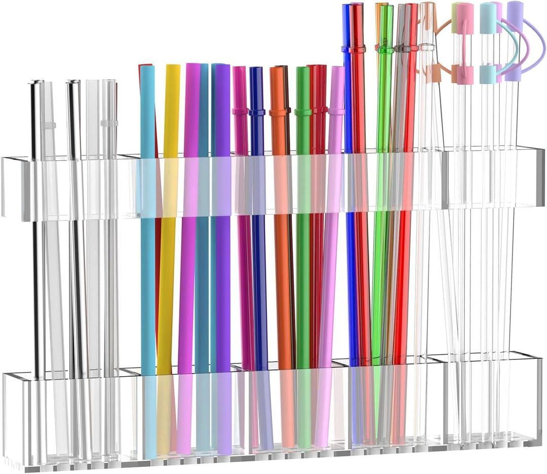 9.5 Large Acrylic Straw Holder for Cabinet Door, Reusable Adjustable Two-Part Straws Organizer with Ultra Sticky Adhesive Strips, 2026 Straw Storage for Kitchen Cupboard (Transparent)