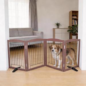 Dog Fence Indoor,Dog Gate Indoor for Doorway pet gate -4-Panel Freestanding, Hallways, House or Stairs -80x24-Inch Retractable Foldable Expandable Wood Pet by SFJC (Brown) ﻿