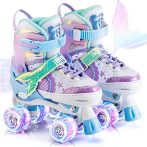NEMONE Mermaid 4 Size Adjustable Light up Roller Skates for Girls, Purple Blue Skates for Toddlers, Beginner Kids Butterfly Roller Skates Indoor Outdoor (Medium - Big Kid)