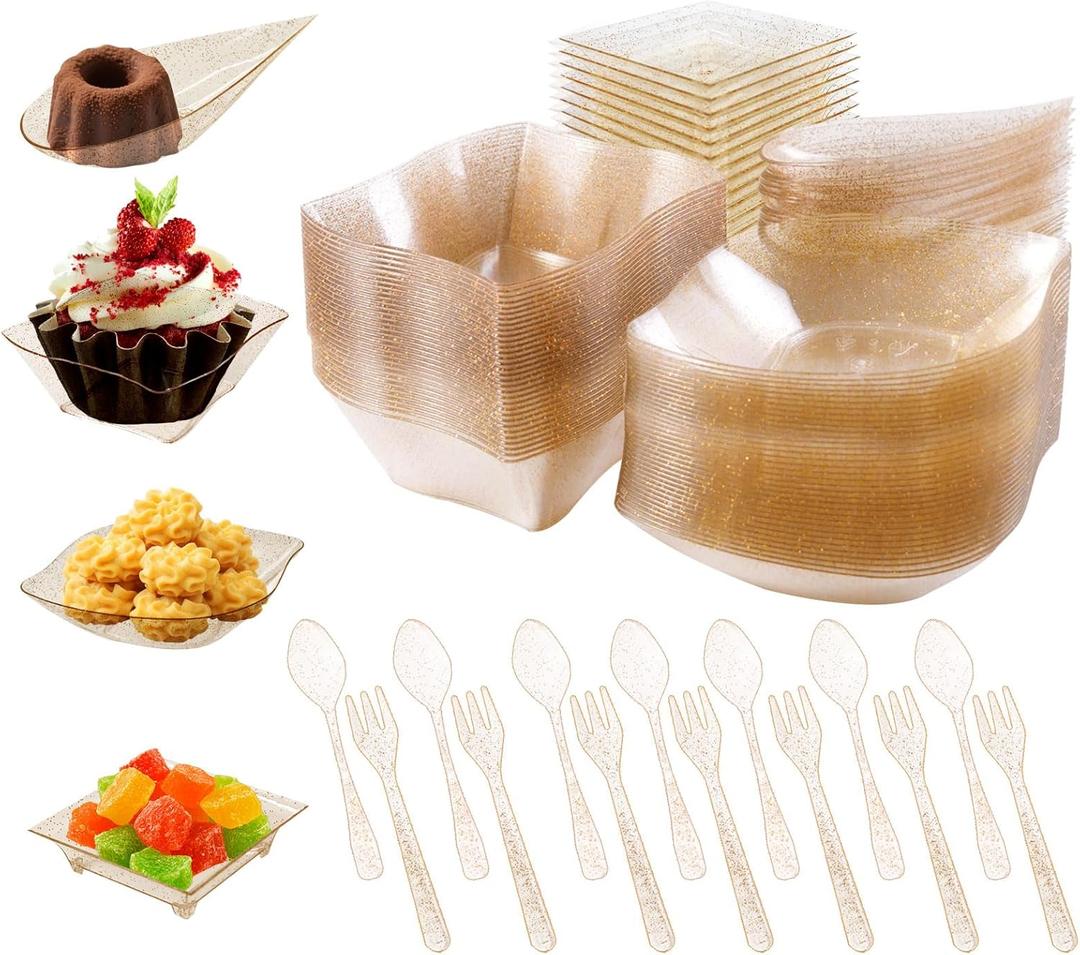 HEHIPLE 200 Pcs Mini Appetizer Plates with Spoons and Forks, Clear Disposable Dessert Bowls and Serving Trays, Tiny Plastic Party Plates for Appetizers, Tastings, Desserts (Gold)