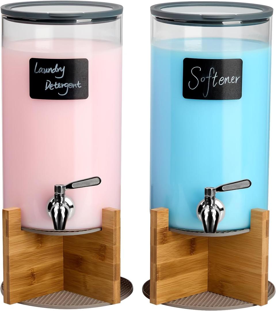 Glass Laundry Detergent Dispenser with Holder,1.1 Gallon Laundry Liquid Dispensers with Stainless-Steel Tap,Large Glass Fabric Softener Containers with Stand for Laundry Room Organization - Pack of 2