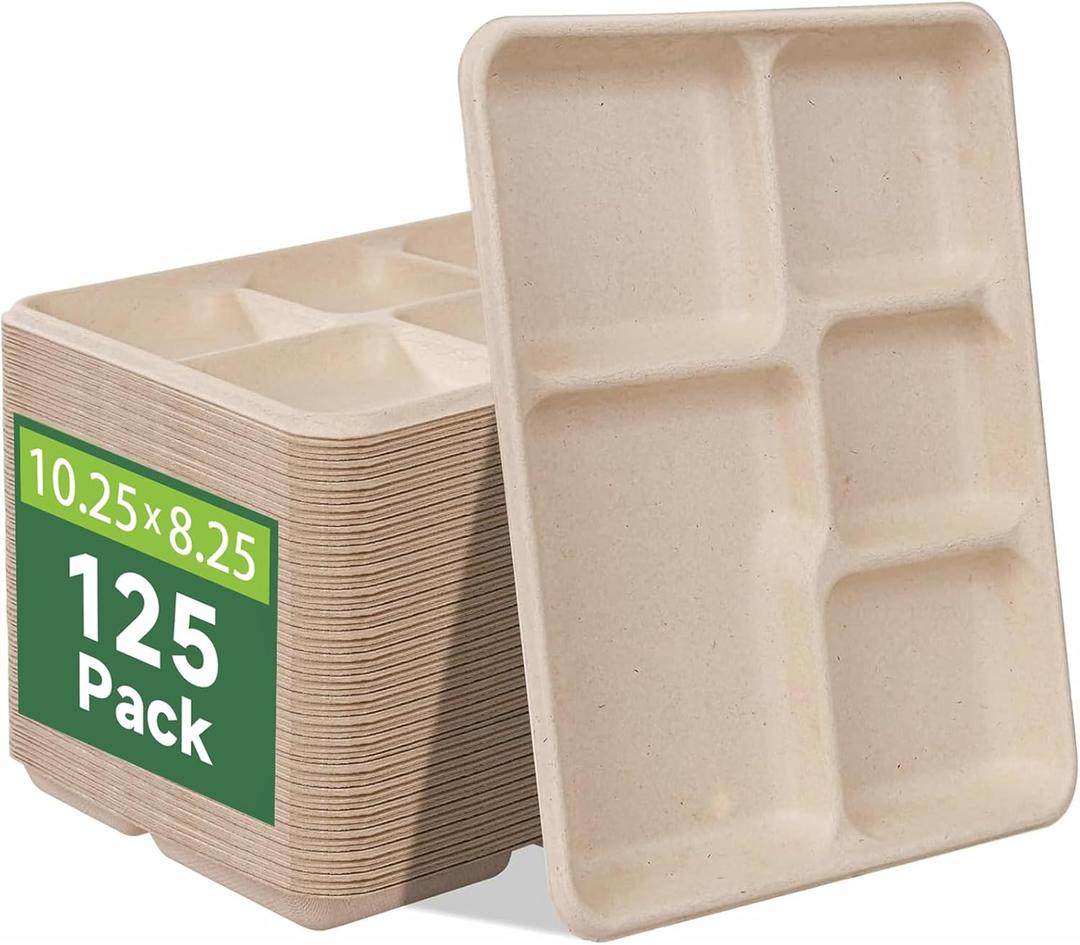 WELLIFE 100% Compostable 5 Compartment Paper Plates, 125 Pack Heavy Duty Disposable School Lunch Trays, 10.25 * 8.25 Inch Eco-Friendly Bagasse Plates for Boys, Girls and Youth (BPA Free,Microwaveable) (Natural)