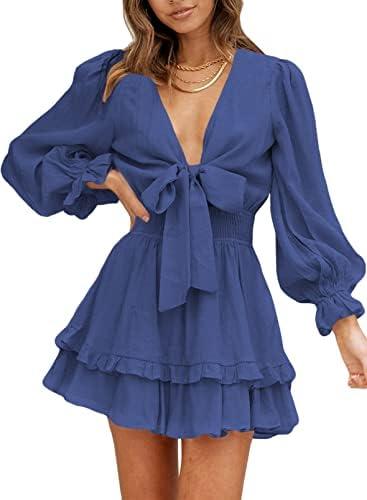 AlvaQ Womens Dresses Spring Summer Knot Front V Neck Ruffles Long Sleeve Floral Print Swing Mini Dress size XL