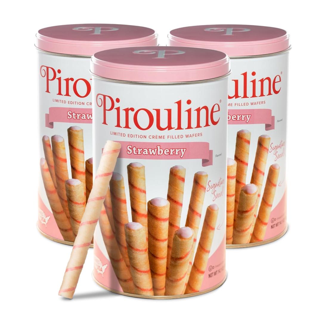 Pirouline Rolled Wafers  Strawberry  Rolled Wafer Sticks, Crme Filled Wafers, Rolled Cookies for Coffee, Tea, Ice Cream, Snacks, Parties, Gifts, and More  14.1oz Tin 3 Pack