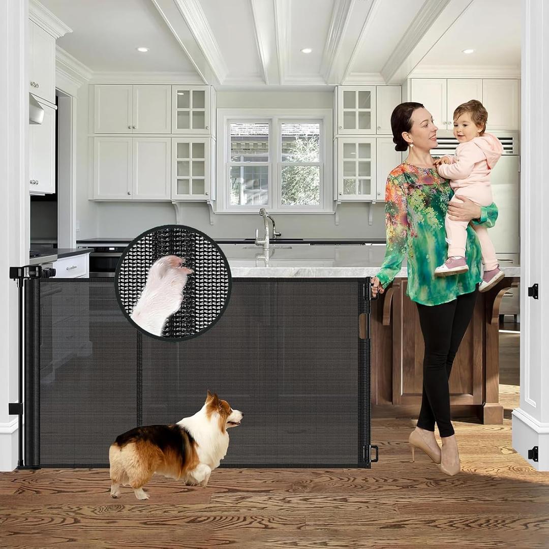 Reinforced 60" Wide Retractable Baby Gates with Upgraded Rods - Bottom Anti-Escape, 5 ft Mesh Baby Gate Retractable Dog Gate Indoor Pet Gate Retractable Stair Gate Outdoor Retractable Gate, Black ((33" Tall x 60" Wide))