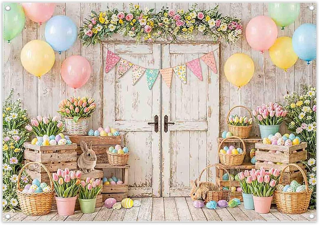 ZTHMOE Fabric 7x5ft Spring Easter Photography Backdrop White Rusitc Wood Door Rabbit Colorful Eggs Flowers Balloons Background Kids Family Party Decorations Photo Props