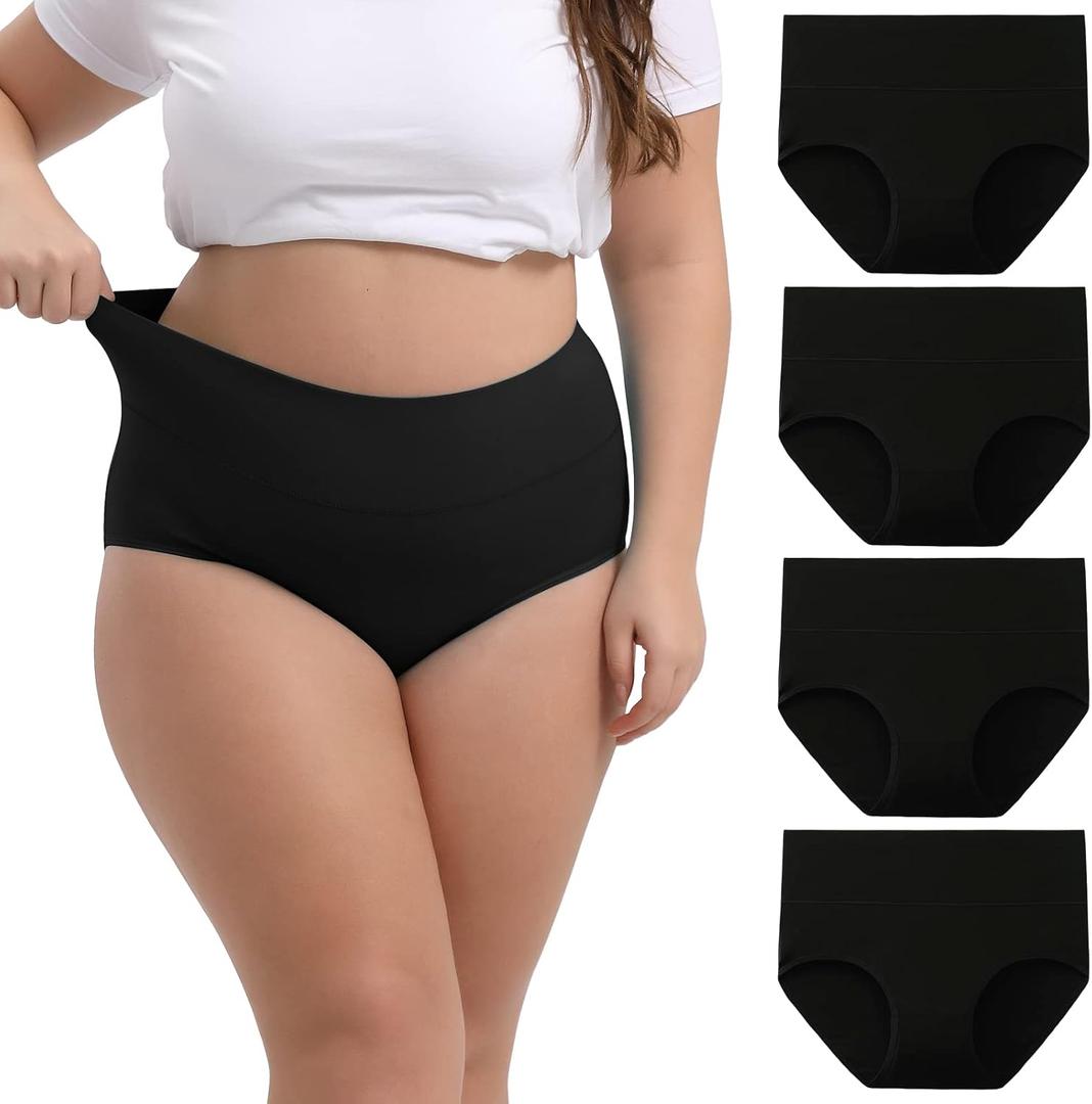 INNERSY Women's Plus Size XL-5XL Cotton Underwear High Waisted Briefs Panties 4-Pack (Black)