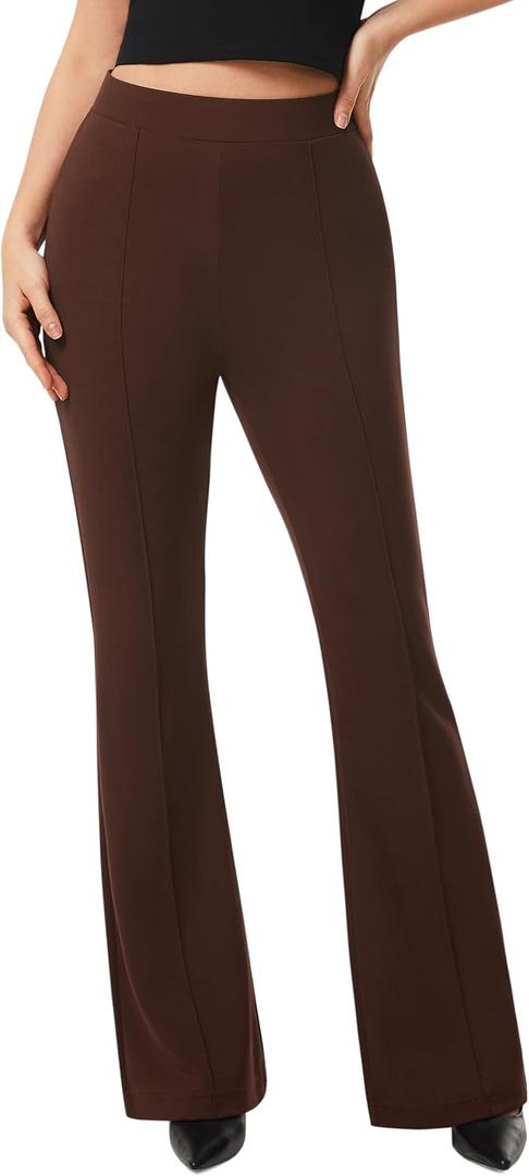 AFITNE Women's Dress Pants High Rise Flare Pants Pull On Stretchy Work Pants Business Office Casual Slacks with Pockets (Brown, L)