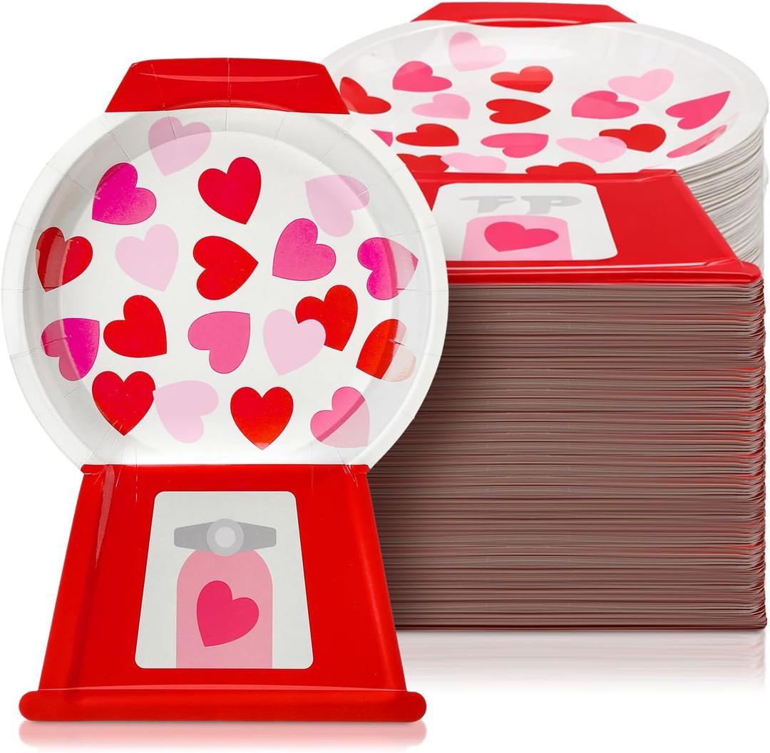 Vesici 48pcs Valentine's Day Gumball Machine Plates Red Pink Love Heart Paper Plates Disposable Dinner Dessert Tableware Party Supplies for Valentines Wedding Anniversary Decorations, 7.25x10.75 Inch